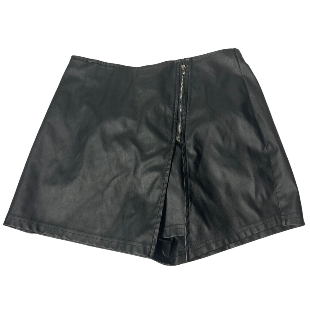 Black Faux Leather Skort Front Zipper Mini Skirt Shorts Streetwear Grunge Small